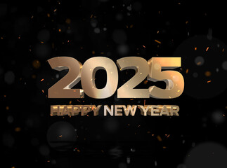 Happy New Year 2025 Celebration Text with Festive Gold Fireworks with black background