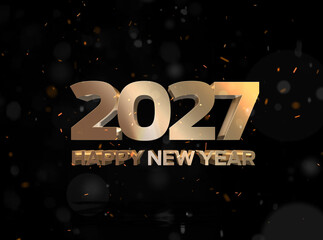 Happy New Year 2027 Celebration Text with Festive Gold Fireworks with black background