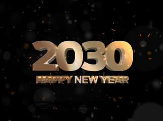 Happy New Year 2030 Celebration Text with Festive Gold Fireworks with black background