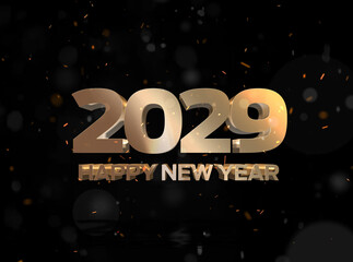 Happy New Year 2029 Celebration Text with Festive Gold Fireworks with black background