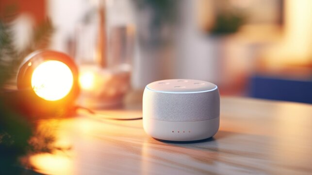 Closeup of a smart home hub with a voiceactivated voice assistant function for controlling entertainment devices.