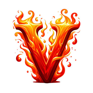 V - Alphabet Letters from Fire, in cartoon style, transparent background
