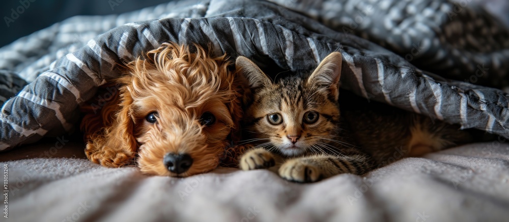 Poster toy poodle puppy and tabby kitten cuddle under a blanket on a bed at home. top-down view. empty spac