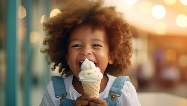 Generative AI image of a young child eating an ice cream cone