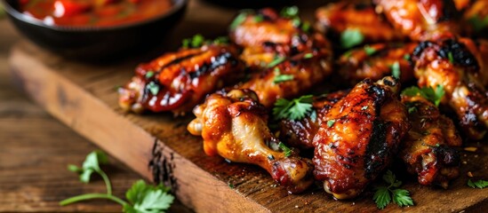 Grilled chicken wings on rustic table.
