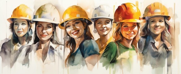 Generative AI image of a watercolor painting of women with hats, headwear and hard hat