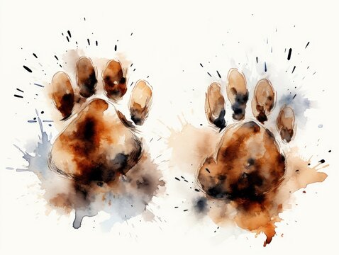 An illustration of a dog paw prints and ink splashes. 