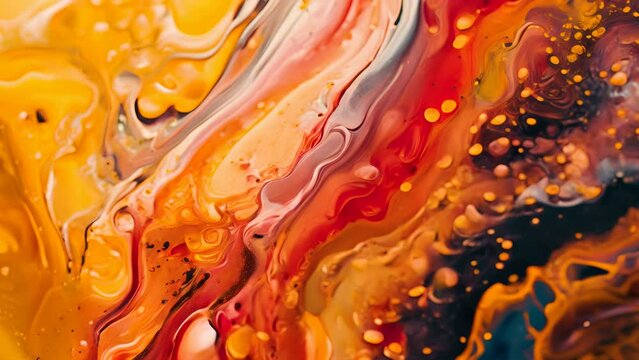 Colorful orange flowing liquid paint abstract background with bubbles