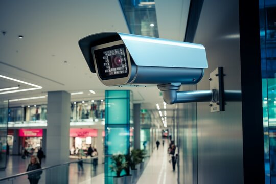 Generative AI image of a surveillance camera mounted on a wall inside a huge shopping mall