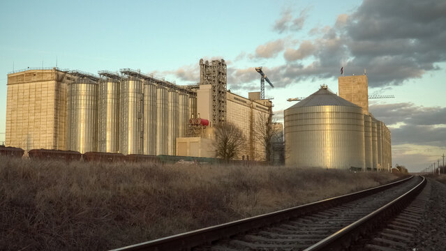 An industrial object: a company in the grain processing industry with a railway track for freight transport. Dobele region, Latvia.