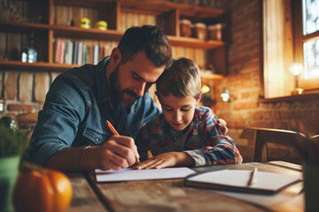 father helping his child to do homework at home - obrazy, fototapety, plakaty