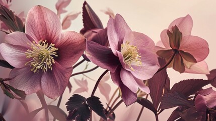 Spring hellebores on gradient pink-to-beige paper, as detailed as an HD photograph