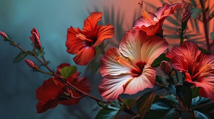 Spring hibiscus against a gradient from deep red to sky blue, in realistic HD quality