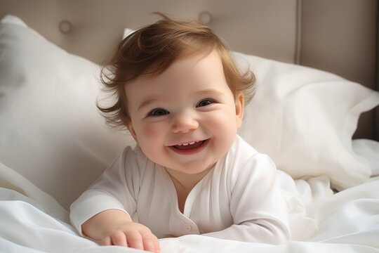 Generative AI image of a little baby is laying on the bed, smiling
