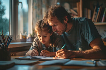 father helping his child to do homework at home