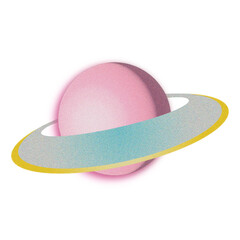 Illustration of the planet saturn with grain effect and gradient applied. Pink, yellow and blue. 