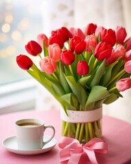 Fototapeta na wymiar Generative AI image of A close up, photography of a Cute fluffy brown teddy bear sits on a blurred romantic living room background and holds in his paw a bouquet of red tulips