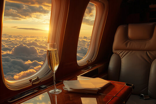 premium travel in first-class cabin, comfort, champagne, and panoramic views