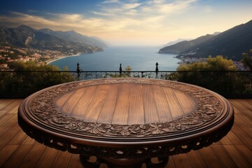Generative AI image of wooden round table from the balcony overlooking the ocean