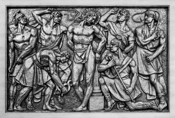 Fototapeta na wymiar The Scourging at the Pillar – Second Sorrowful Mystery. A relief sculpture in the Basilica of Our Lady of the Rosary of Fatima in Fatima, Portugal. 10 Aug 2023.
