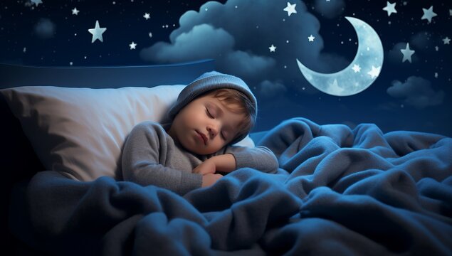 Generative AI image of toddler sleeping on moon in the bed and stars up in the sky
