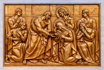 Fototapeta na wymiar The Presentation of Jesus in the Temple – Fourth Joyful Mystery. A relief sculpture in the Basilica of Our Lady of the Rosary of Fatima. 10 Aug 2023.