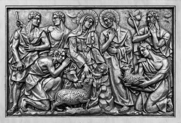 Fototapeta na wymiar The Nativity of Jesus in Bethlehem – Third Joyful Mystery. A relief sculpture in the Basilica of Our Lady of the Rosary of Fatima. 10 Aug 2023.