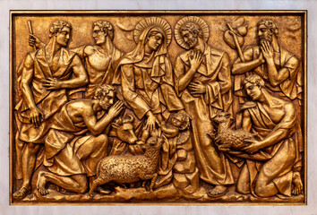 The Nativity of Jesus in Bethlehem – Third Joyful Mystery. A relief sculpture in the Basilica of...