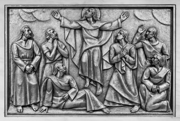 The Ascension of Jesus into Heaven – Second Glorious Mystery. A relief sculpture in the Basilica of Our Lady of the Rosary of Fatima. 10 Aug 2023.