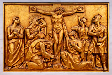 The Crucifixion and Death of Jesus – Fifth Sorrowful Mystery. A relief sculpture in the Basilica...