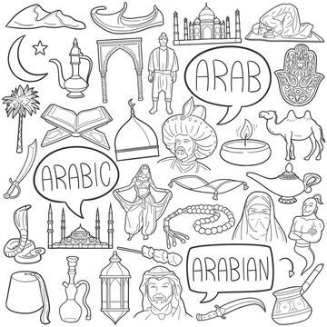 Arabian Doodle Icons Black and White Line Art. Arabic Clipart Hand Drawn Symbol Design.