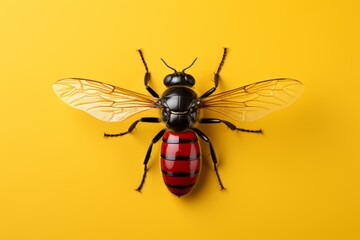 A large wasp, part of an army of crimson-black bees, is intricately detailed and stands out on a vibrant yellow background.