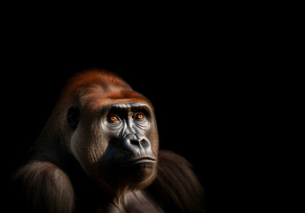 A gorilla, its face etched with seriousness and tension, is portrayed against a black background, its immense presence palpable.