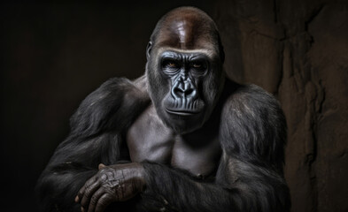 A gorilla, its look serious and menacing, is shown sitting in front of a rugged rock wall, its grumpy demeanor evident.