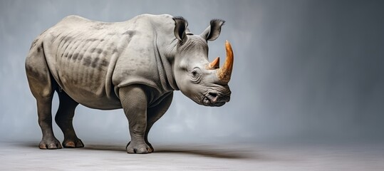 A rhino, resembling a bull, stands expressively in front of a gray background, appearing endangered.