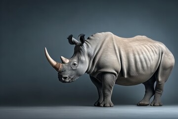 Fototapeta premium A rhino, appearing as if it's playing badminton, stands against a gray background.