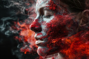 A woman's face, adorned with red paint, appears to melt, creating a striking portrait.