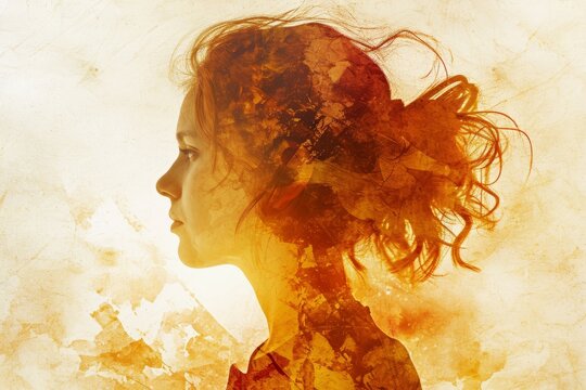 A woman's profile, with hair blowing in the wind, is depicted in a dynamic double exposure portrait.