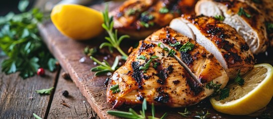 Sliced grilled chicken breast with spice rub and lemon, displayed on a cutting board.