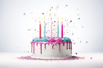 Generative AI image of  birthday cake with candles on white background - obrazy, fototapety, plakaty