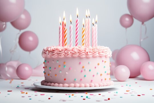 Generative AI image of  birthday cake with candles on white background