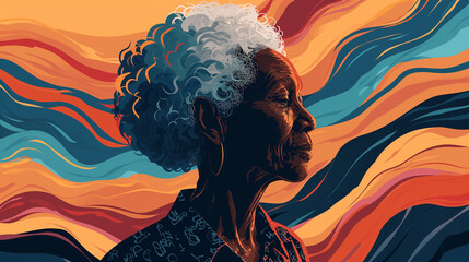 Abstract illustration of senior black african american with dementia alzheimers mental disorder, degenerative disease - obrazy, fototapety, plakaty