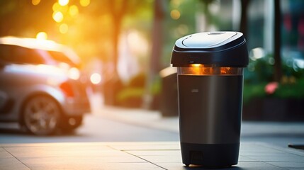 Macro image of a smart trash can, activated by motion sensor for easy handsfree disposal.