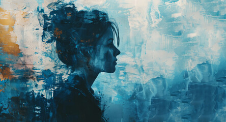 A woman's profile is painted against a blue background, her double exposure portrait expressing beauty and emotion. - obrazy, fototapety, plakaty