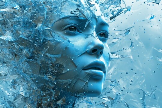 A Woman's Face, Resembling A Transparent Glass Sculpture, Is Surrounded By Shattered Glass In A Futuristic Portrait.