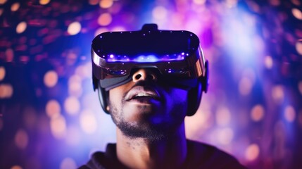 Closeup of a persons eyes behind a virtual reality headset, their gaze fully absorbed in the immersive experience.