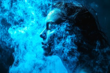 A woman, blue smoke swirling from her face, is depicted in a neon smoke art piece, the iridescent smoke creating a stunning visual effect.