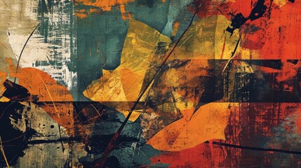 An abstract painting depicts leaves, the canvas filled with a collage of colors and painterly techniques.