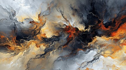 A beautiful, highly detailed digital art piece features a chaotic storm of liquid smoke in an abstract painting of orange and black.