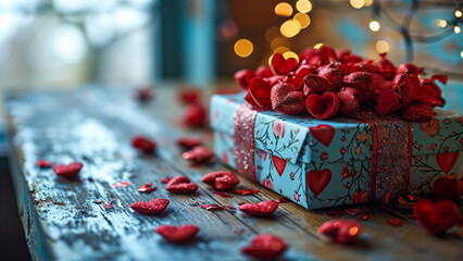 Gift box with red hearts on wooden background. Valentine's day concept,Generative AI